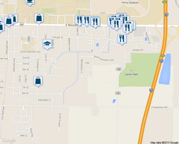 map of restaurants, bars, coffee shops, grocery stores, and more near 1480 Brookwood Drive in Bowling Green