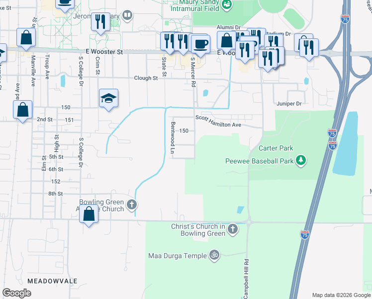 map of restaurants, bars, coffee shops, grocery stores, and more near 1474 Brookwood Drive in Bowling Green