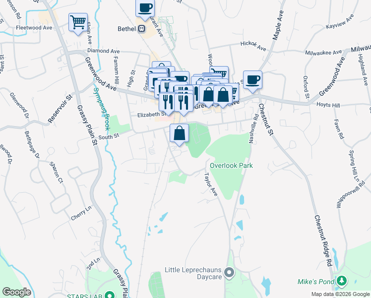 map of restaurants, bars, coffee shops, grocery stores, and more near 18 Taylor Avenue in Bethel