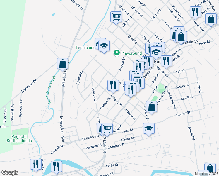 map of restaurants, bars, coffee shops, grocery stores, and more near 515 George Street in Old Forge