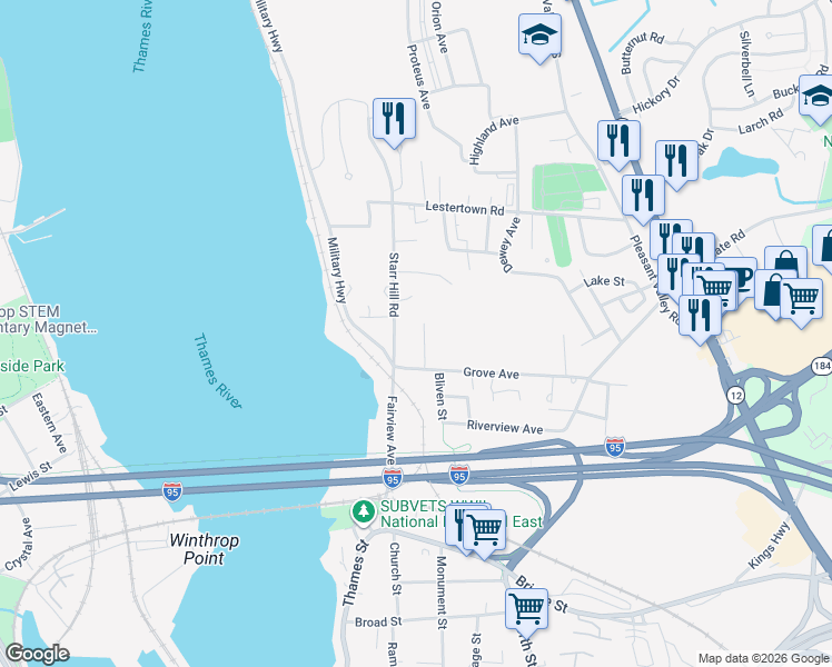 map of restaurants, bars, coffee shops, grocery stores, and more near 46 Marquardt Lane in Groton