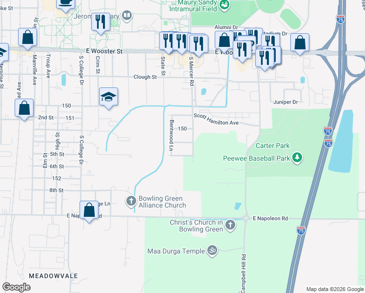 map of restaurants, bars, coffee shops, grocery stores, and more near 1480 Brookwood Drive in Bowling Green
