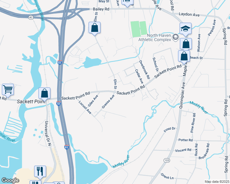 map of restaurants, bars, coffee shops, grocery stores, and more near 98 Sackett Point Road in North Haven