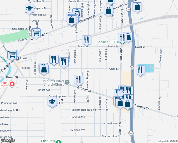 map of restaurants, bars, coffee shops, grocery stores, and more near 206 Lexington Avenue in Elyria