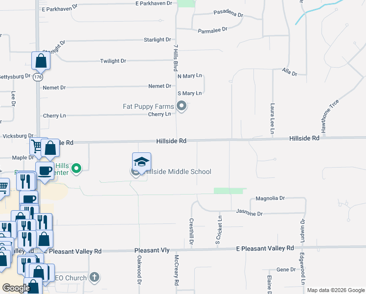 map of restaurants, bars, coffee shops, grocery stores, and more near 2190 Hillside Road in Seven Hills