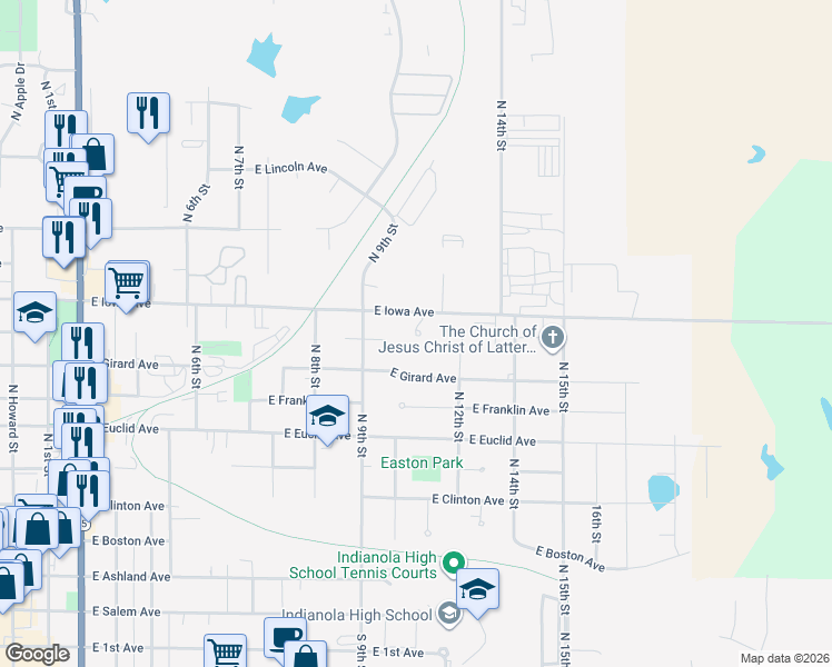 map of restaurants, bars, coffee shops, grocery stores, and more near 1111 East Iowa Avenue in Indianola