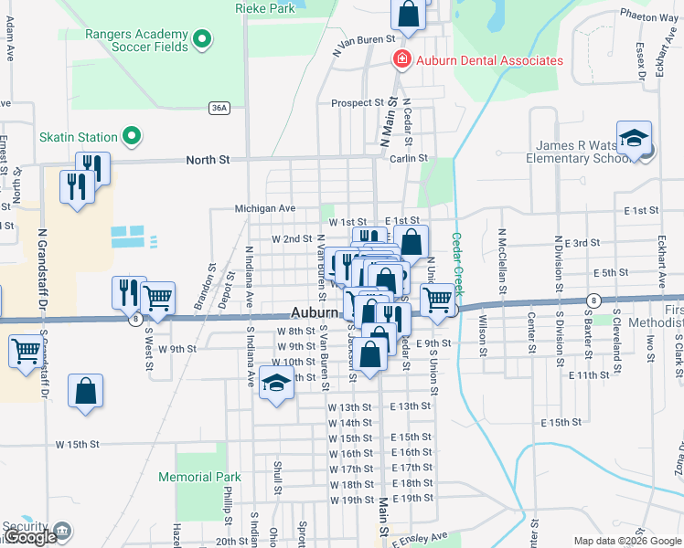 map of restaurants, bars, coffee shops, grocery stores, and more near 307 North Jackson Street in Auburn