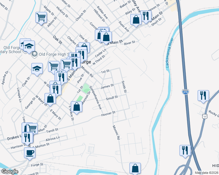 map of restaurants, bars, coffee shops, grocery stores, and more near 138 James St in Old Forge