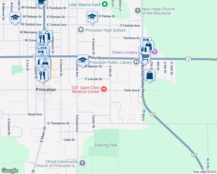 map of restaurants, bars, coffee shops, grocery stores, and more near 557 Park Avenue East in Princeton