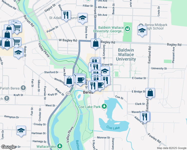 map of restaurants, bars, coffee shops, grocery stores, and more near 111 Front Street in Berea