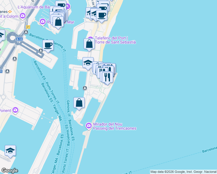 map of restaurants, bars, coffee shops, grocery stores, and more near 1 Plaça de la Rosa dels Vents in Barcelona