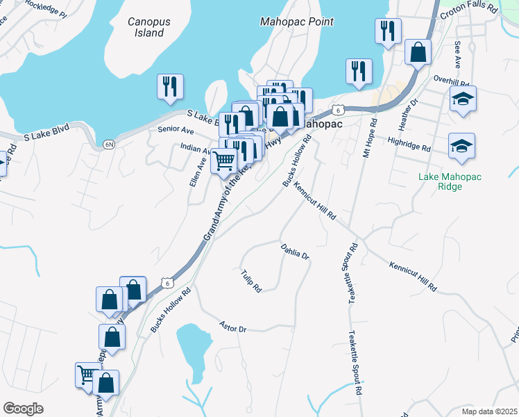 map of restaurants, bars, coffee shops, grocery stores, and more near 273 Bucks Hollow Road in Mahopac