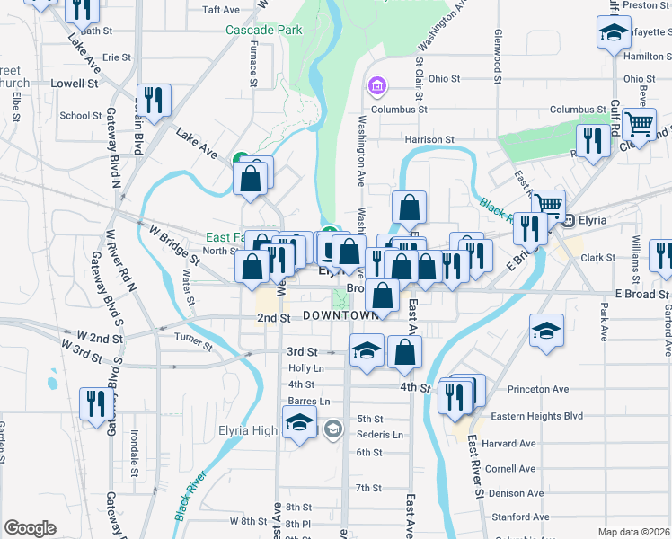 map of restaurants, bars, coffee shops, grocery stores, and more near in Elyria