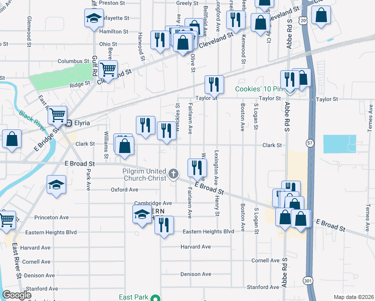 map of restaurants, bars, coffee shops, grocery stores, and more near 204 Fairlawn Avenue in Elyria