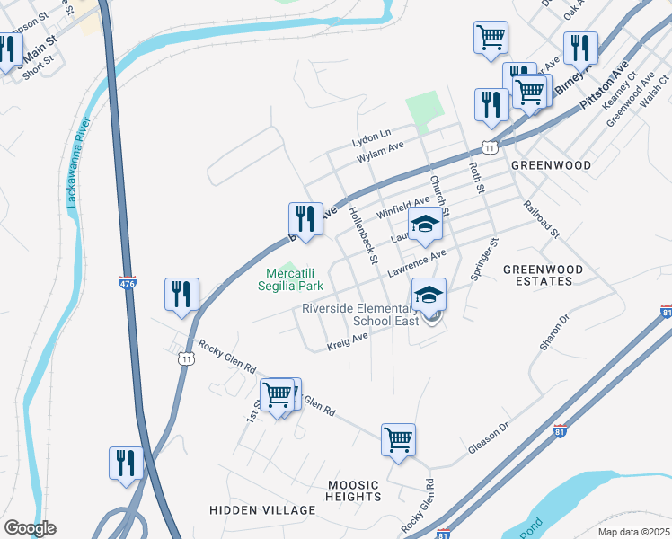 map of restaurants, bars, coffee shops, grocery stores, and more near 703 Marion Ln in Moosic