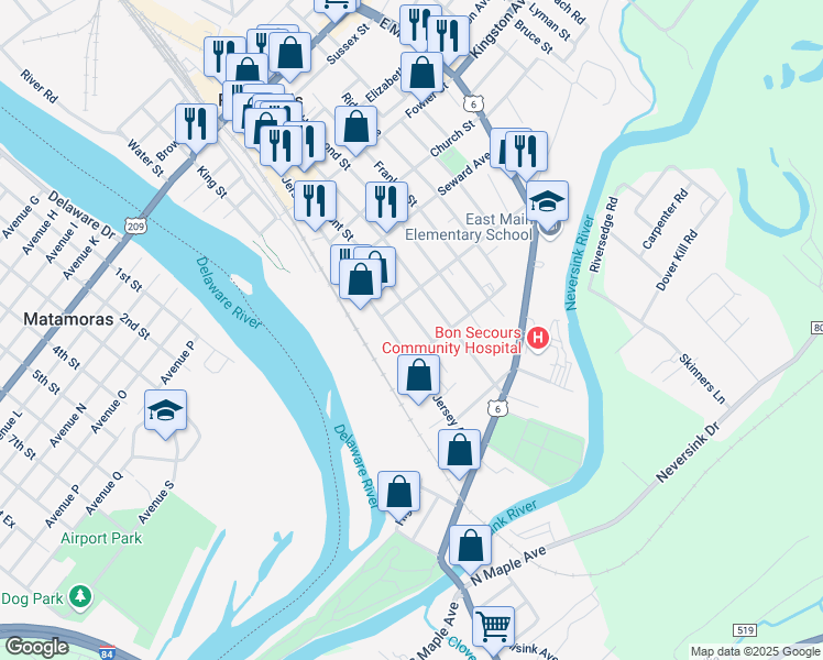 map of restaurants, bars, coffee shops, grocery stores, and more near 165 Front Street in Port Jervis