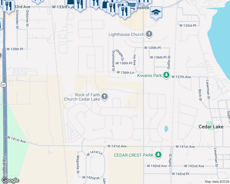 map of restaurants, bars, coffee shops, grocery stores, and more near 9901 West 136th Lane in Cedar Lake
