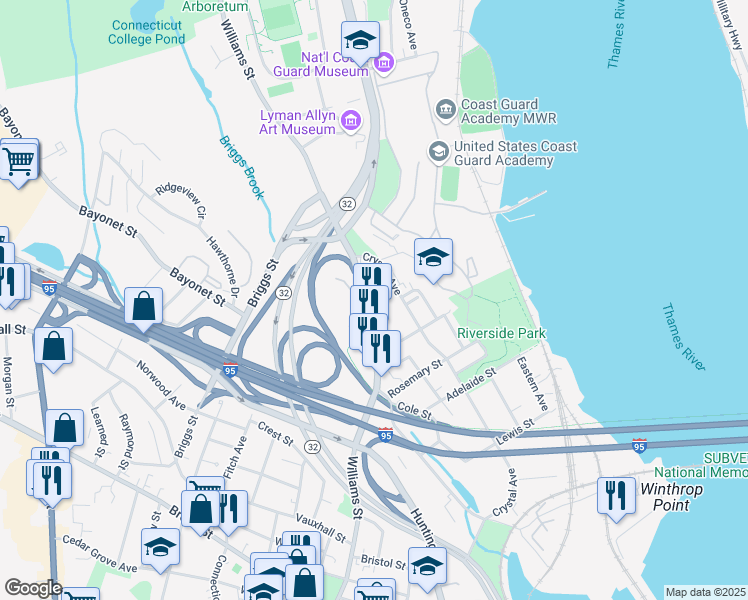 map of restaurants, bars, coffee shops, grocery stores, and more near 298 Crystal Avenue in New London