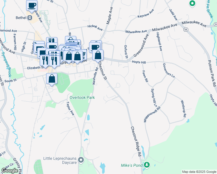 map of restaurants, bars, coffee shops, grocery stores, and more near in Bethel