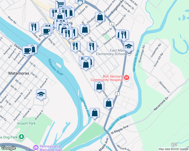 map of restaurants, bars, coffee shops, grocery stores, and more near 131 Jersey Avenue in Port Jervis