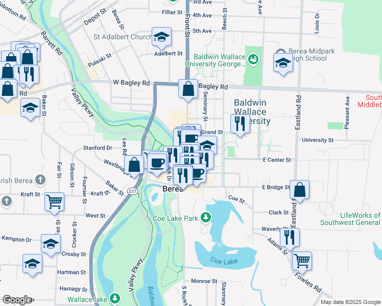 map of restaurants, bars, coffee shops, grocery stores, and more near 111 Front Street in Berea