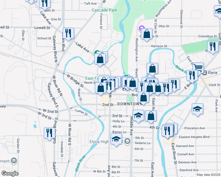 map of restaurants, bars, coffee shops, grocery stores, and more near Tremont Street in Elyria