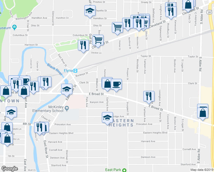 map of restaurants, bars, coffee shops, grocery stores, and more near 225 Sumner Street in Elyria