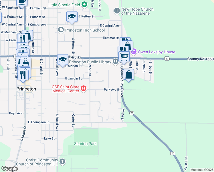 map of restaurants, bars, coffee shops, grocery stores, and more near 628 South 5th Avenue Drive in Princeton