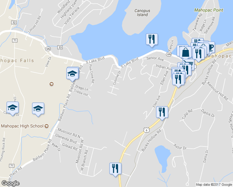 map of restaurants, bars, coffee shops, grocery stores, and more near 8 Mountain Drive in Mahopac
