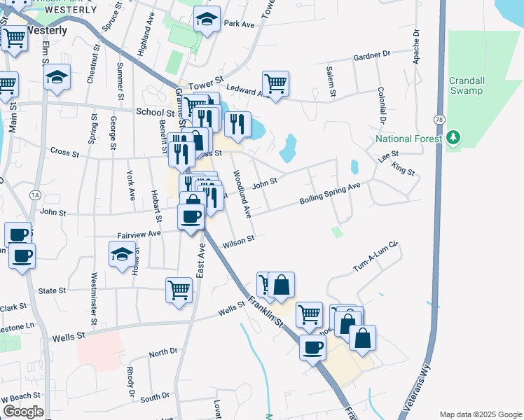 map of restaurants, bars, coffee shops, grocery stores, and more near 10 Raymond Street in Westerly