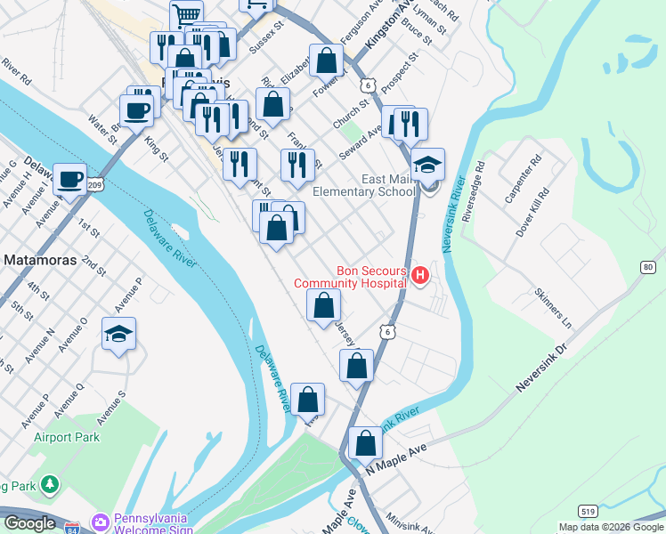 map of restaurants, bars, coffee shops, grocery stores, and more near 165 Front Street in Port Jervis