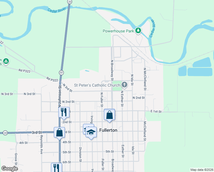 map of restaurants, bars, coffee shops, grocery stores, and more near 302 Broadway Street in Fullerton