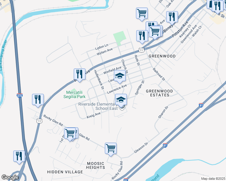 map of restaurants, bars, coffee shops, grocery stores, and more near 798 School St in Moosic