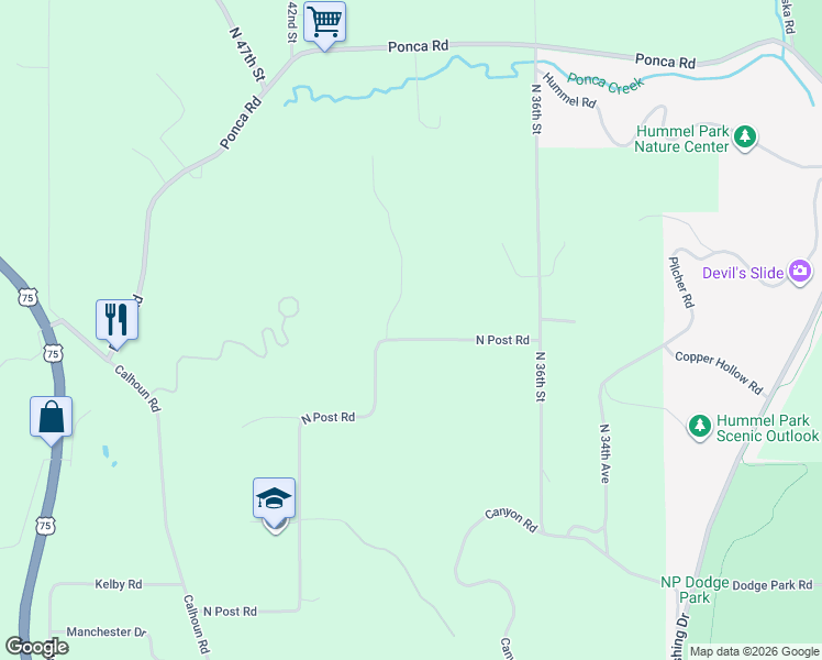 map of restaurants, bars, coffee shops, grocery stores, and more near 3910 North Post Road in Omaha