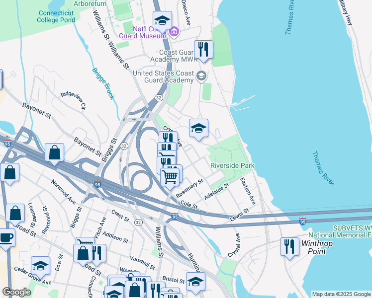 map of restaurants, bars, coffee shops, grocery stores, and more near 281 Crystal Avenue in New London