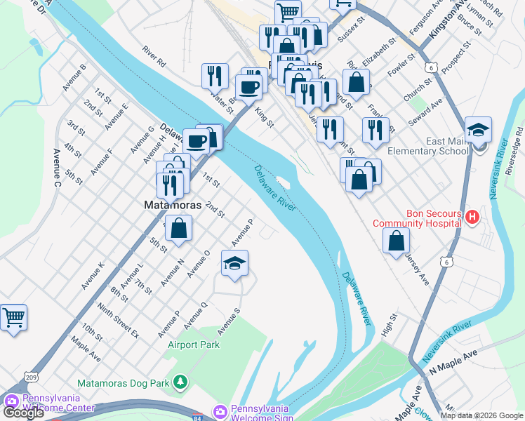 map of restaurants, bars, coffee shops, grocery stores, and more near 2-20 1st St in Matamoras
