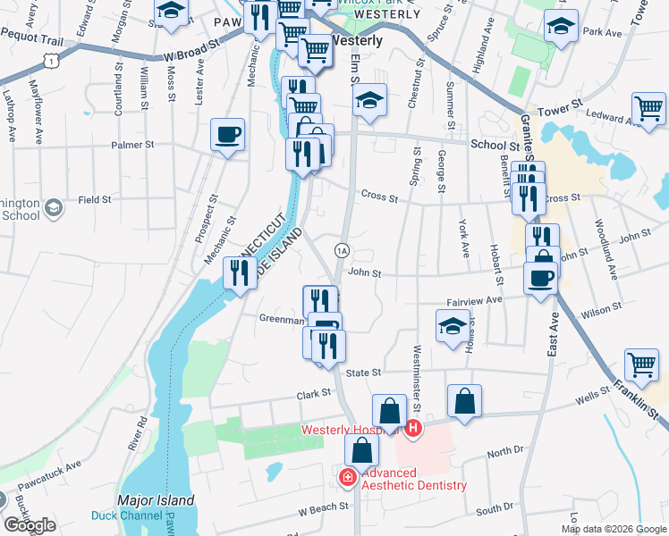 map of restaurants, bars, coffee shops, grocery stores, and more near 79 Elm Street in Westerly
