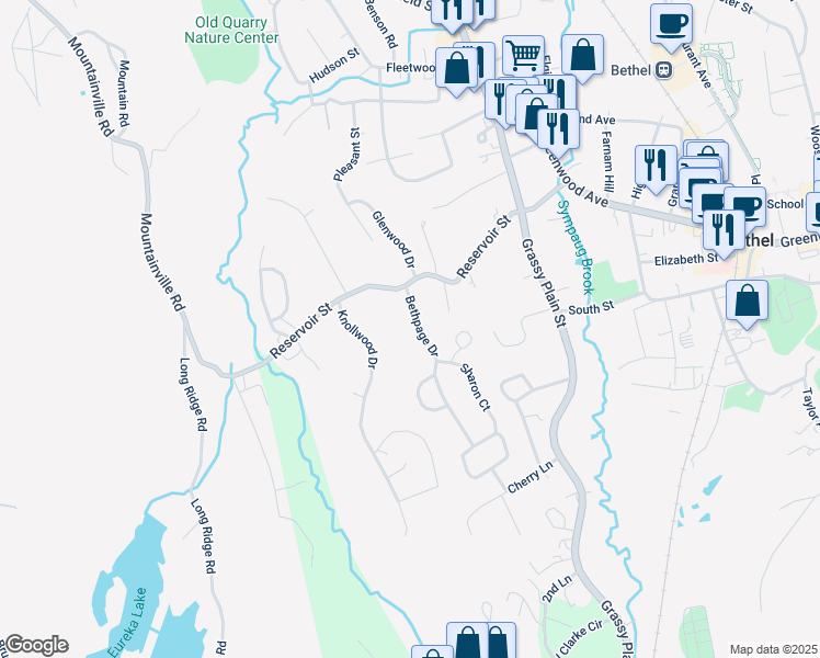 map of restaurants, bars, coffee shops, grocery stores, and more near 9 Bethpage Drive in Bethel