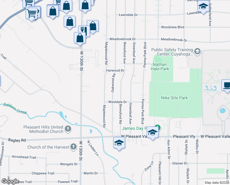 map of restaurants, bars, coffee shops, grocery stores, and more near 7239 Oakwood Road in Parma