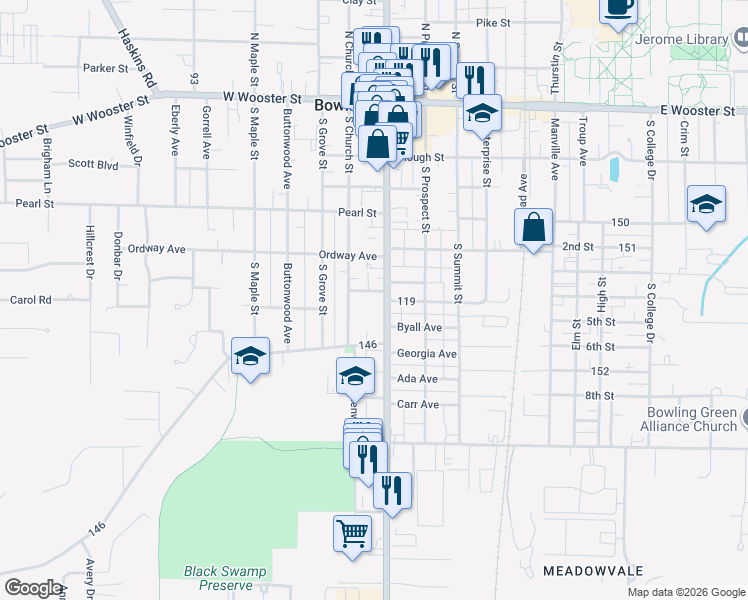 map of restaurants, bars, coffee shops, grocery stores, and more near 450 South Main Street in Bowling Green