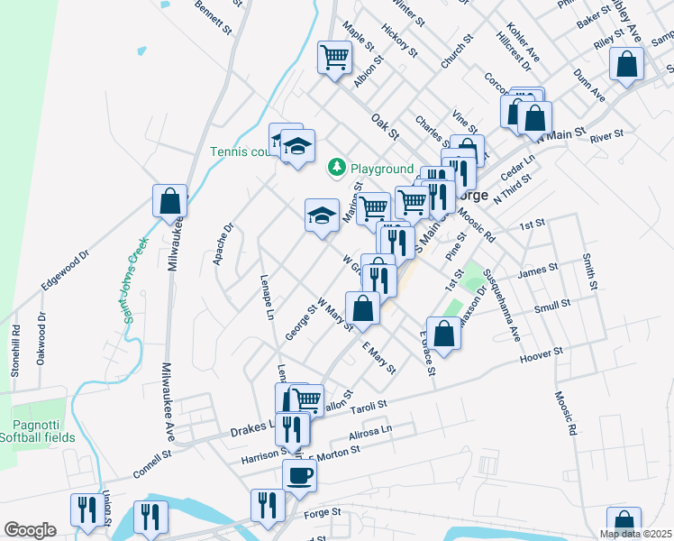 map of restaurants, bars, coffee shops, grocery stores, and more near 515 George Street in Old Forge