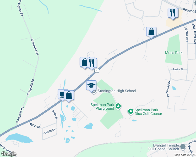 map of restaurants, bars, coffee shops, grocery stores, and more near 6-98 Spellman Dr in Stonington