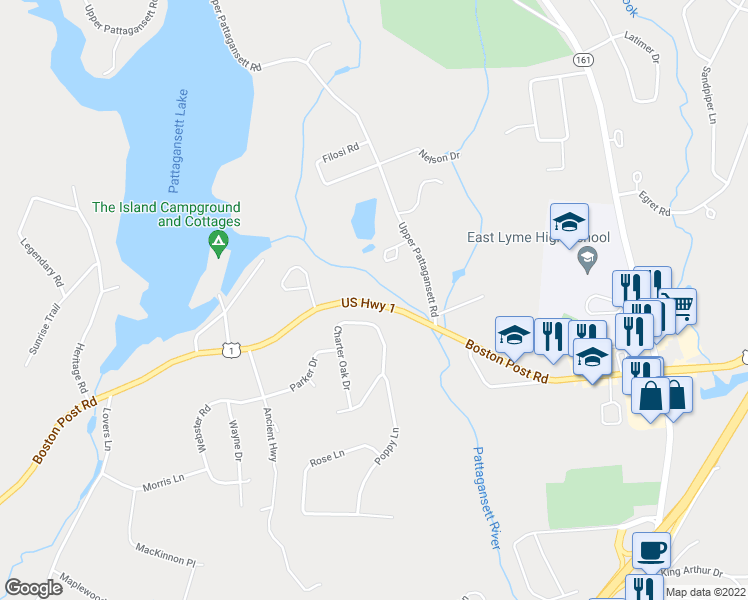 map of restaurants, bars, coffee shops, grocery stores, and more near 225 Boston Post Road in East Lyme