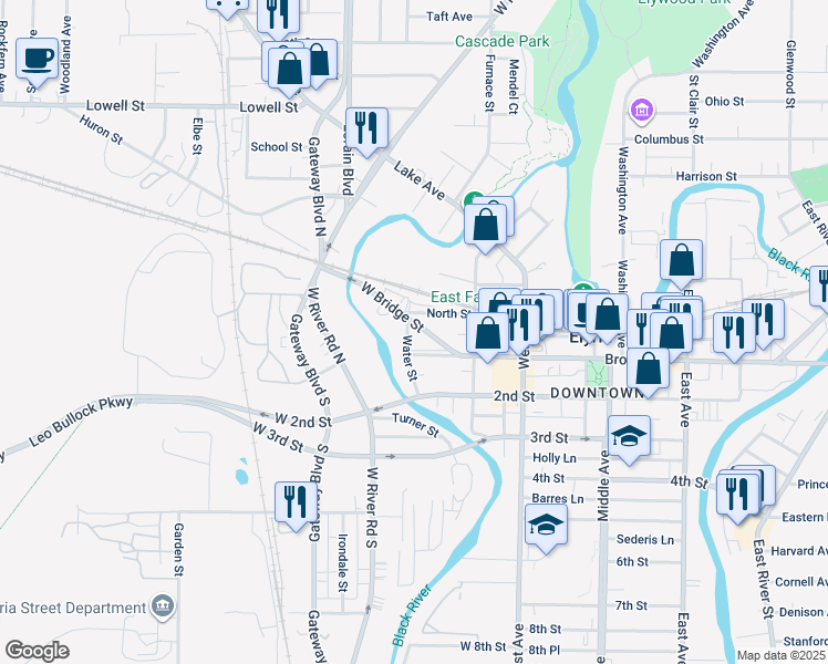 map of restaurants, bars, coffee shops, grocery stores, and more near 140 West Bridge Street in Elyria