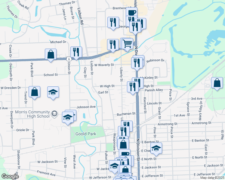 map of restaurants, bars, coffee shops, grocery stores, and more near 119 West High Street in Morris