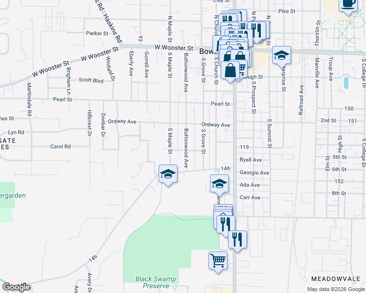 map of restaurants, bars, coffee shops, grocery stores, and more near 452 Buttonwood Avenue in Bowling Green