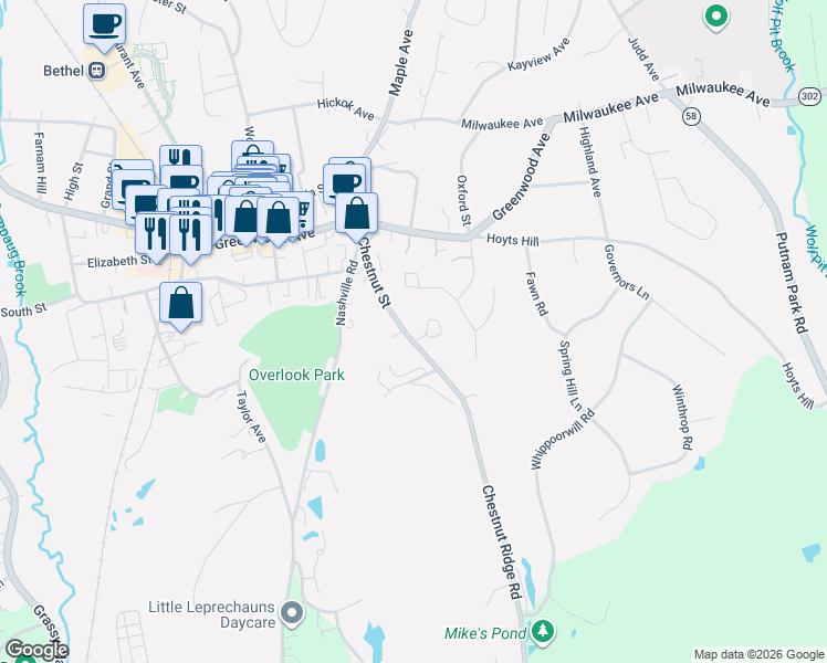 map of restaurants, bars, coffee shops, grocery stores, and more near 76 Chestnut Street in Bethel