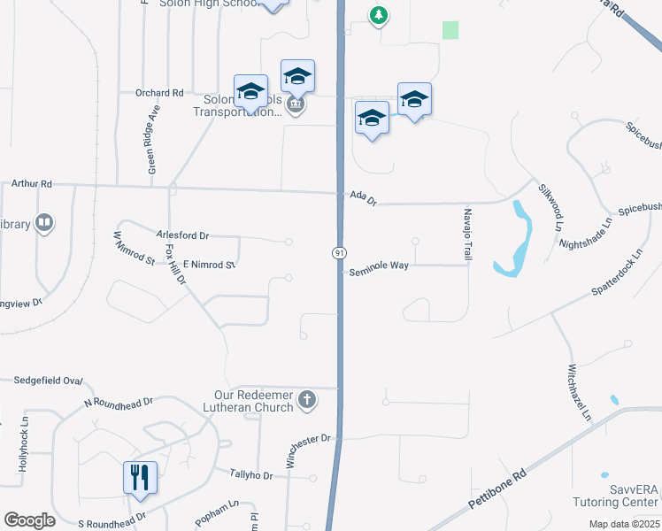 map of restaurants, bars, coffee shops, grocery stores, and more near 7000 Ohio 91 in Solon