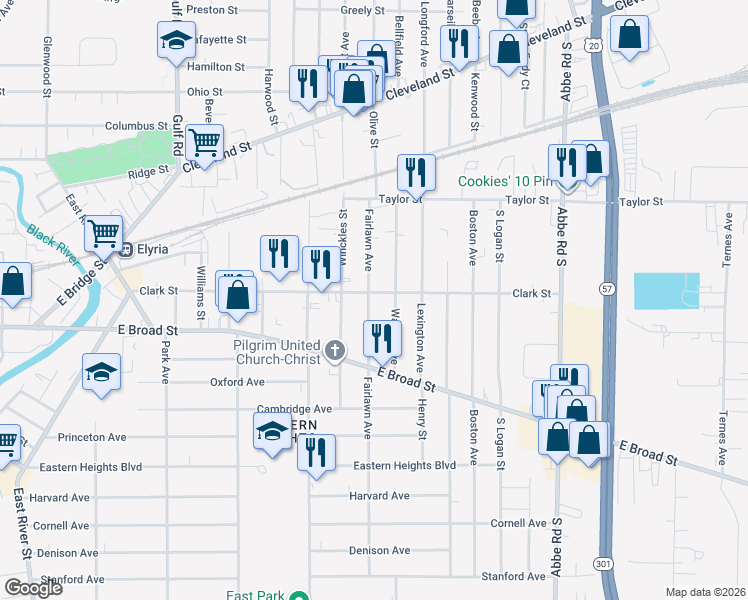 map of restaurants, bars, coffee shops, grocery stores, and more near 204 Fairlawn Avenue in Elyria