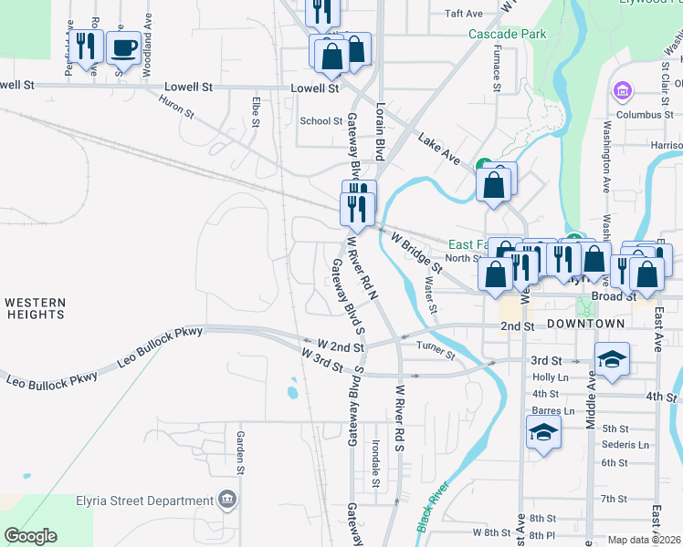 map of restaurants, bars, coffee shops, grocery stores, and more near 6102 Gateway Boulevard North in Elyria